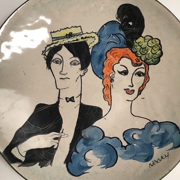 Enamel on Copper Plate Man Showgirl 1900’s Couple SIGNED 5” Mid Century Dish - Picture 4 of 10